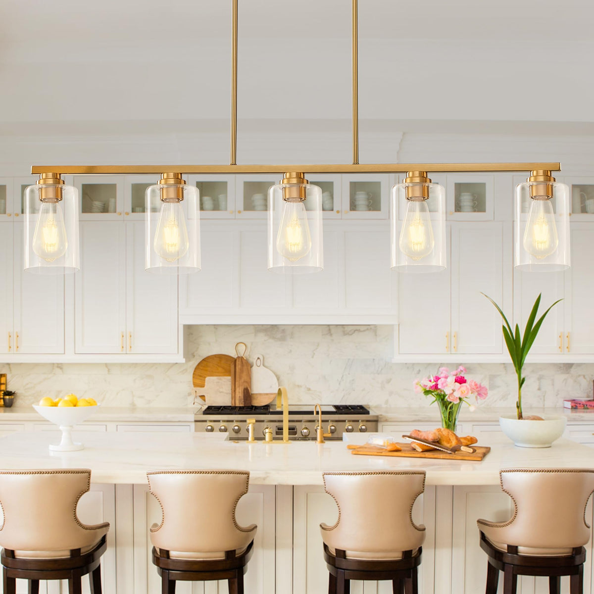 Island Light, Brushed Gold Dining Room Light Fixture Over Table, 5-Light Linear Chandelier Pendant Lighting