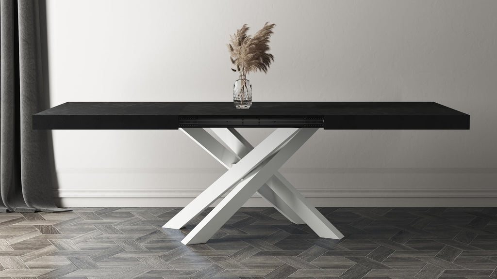 Emma 55.11(86.6) x35.4 in, Extendable Dining Table, Concrete Effect, Black with White Crossed Legs, Made in Italy