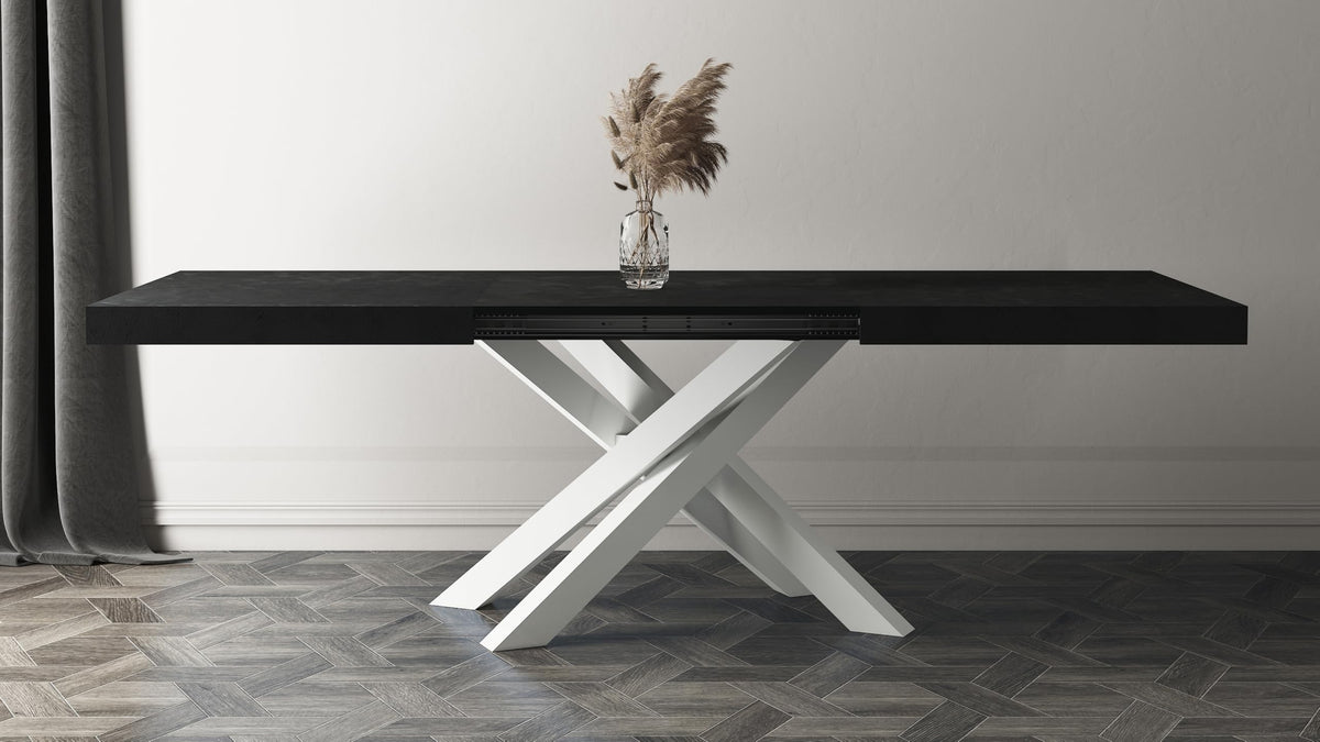 Emma 55.11(86.6) x35.4 in, Extendable Dining Table, Concrete Effect, Black with White Crossed Legs, Made in Italy