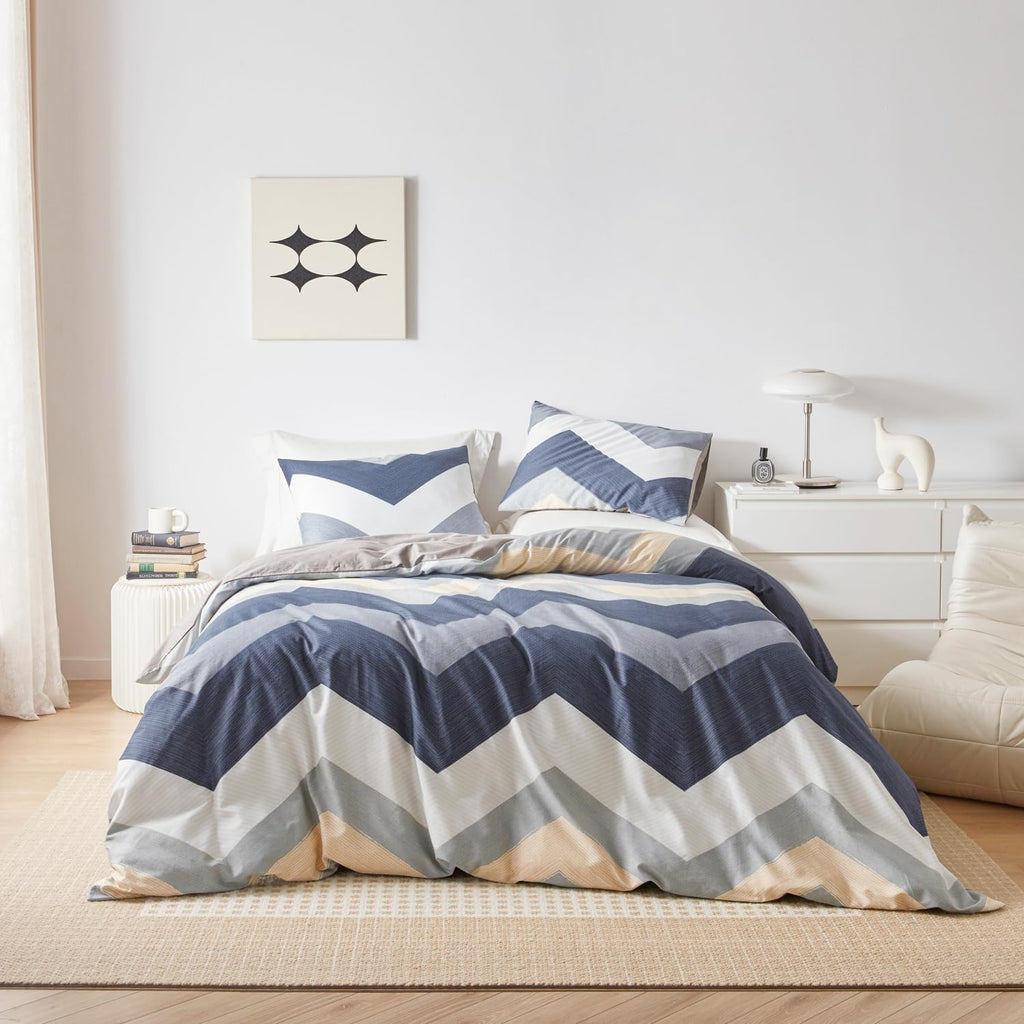 Modern Blue White Striped Duvet Cover 100% Cotton 3 Pcs Set