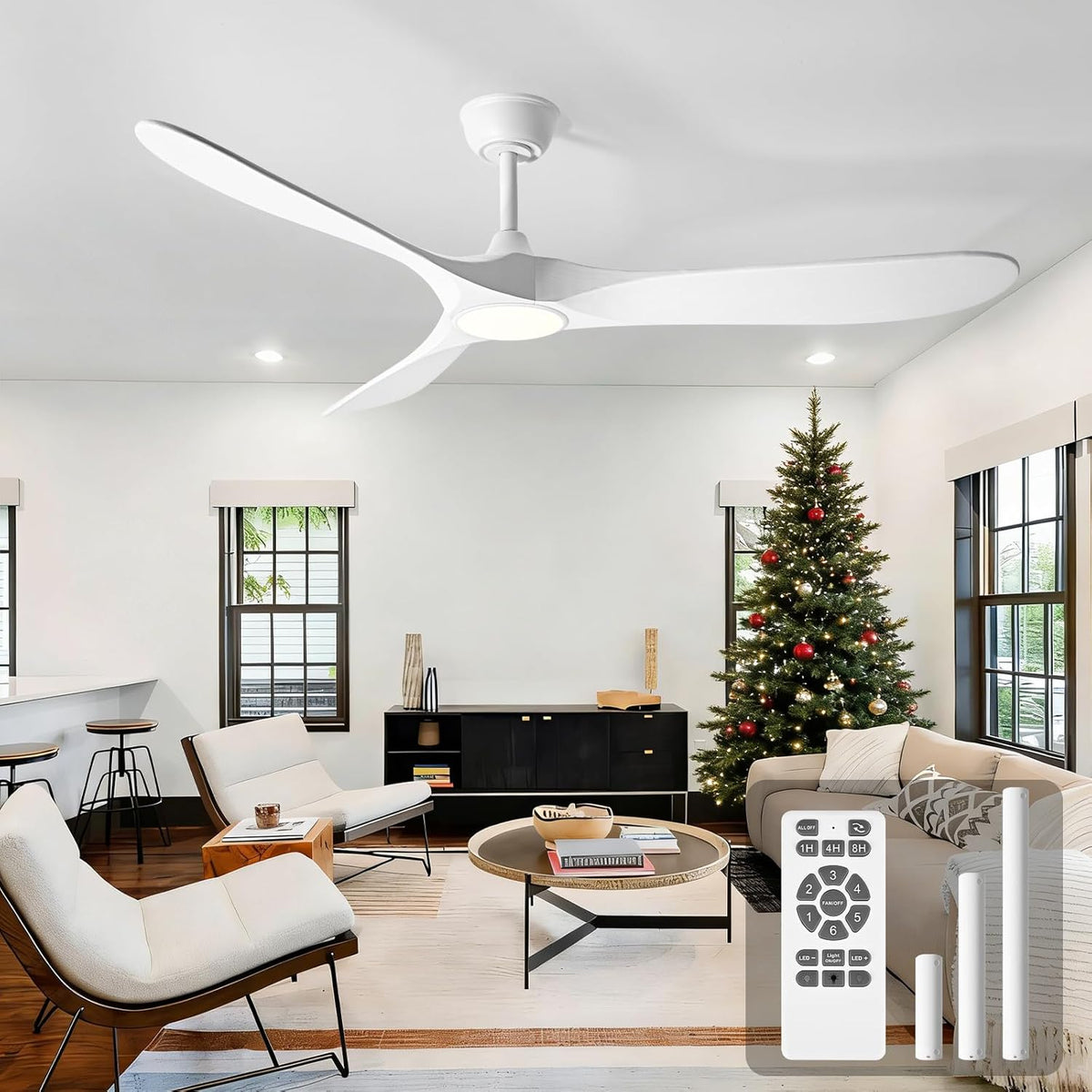 52-Inch White Three-Blade Ceiling Fan with Integrated Light and Remote