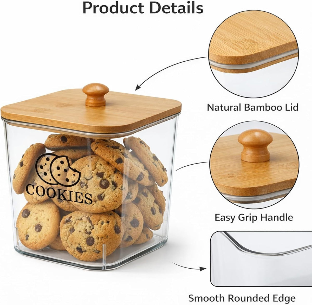 Cookie Jars with Wooden Lids Airtight, 2L Plastic Cookie Tin, Wide Mouth Candy Jar, Kitchen Counter Food Storage