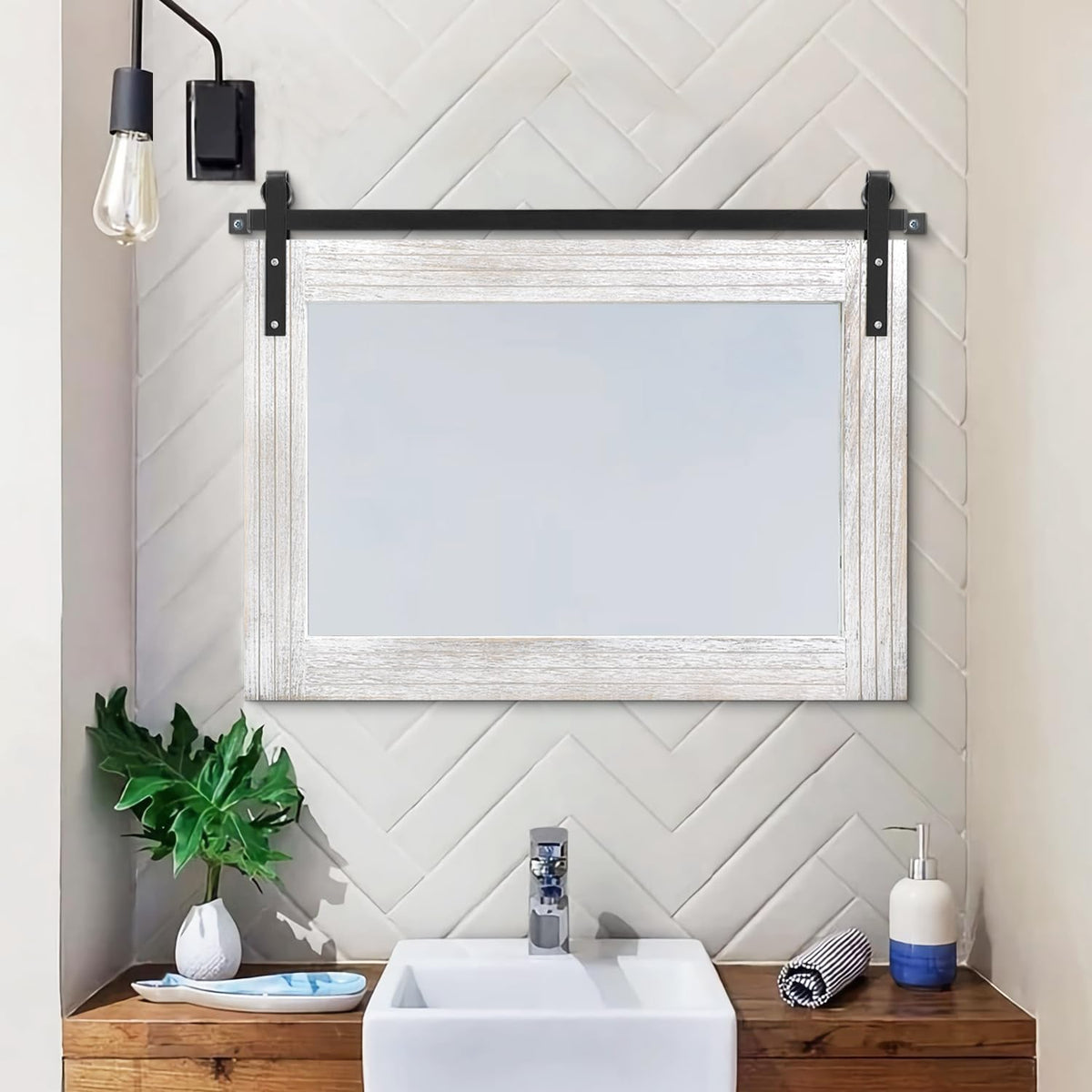 Large Barn Door Mirror with Wood Framed Rectangle Mirrors for Wall Bathroom Vanity Mirror Decorative Farmhouse