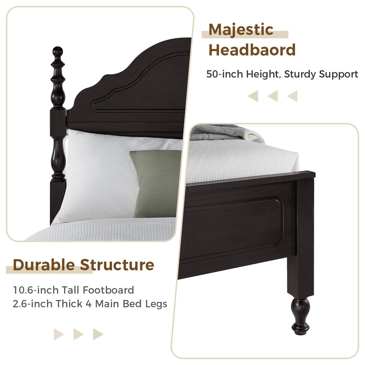 Wood Queen Size Bed Frame with Wooden 50" Tall Headboard, Heavy Duty Solid Wood Slats Support, Rubber Wood Platform
