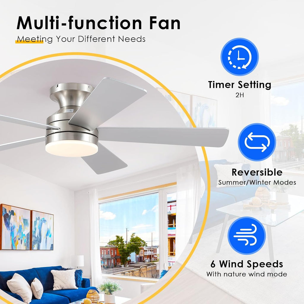 46" Nickel Outdoor Flush Mount Ceiling Fan with Light & Remote