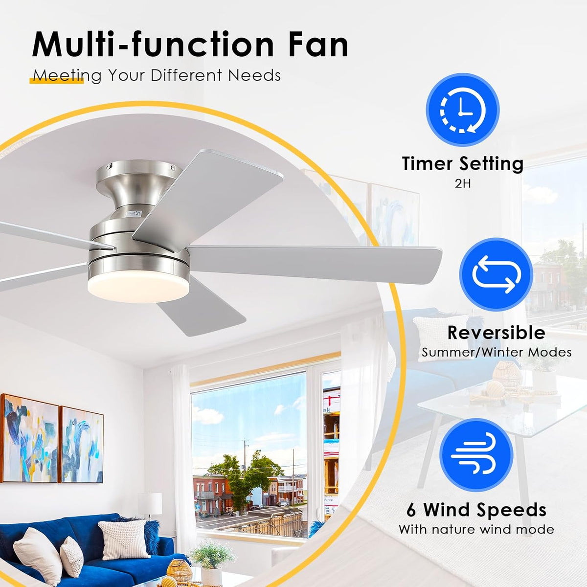 46" Nickel Outdoor Flush Mount Ceiling Fan with Light & Remote