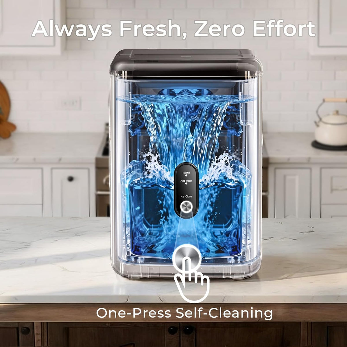 Nugget Ice Maker Countertop: 33lb/Day, Self-Cleaning, Black Stainless Steel, Portable, Soft Chewable Pebble Ice