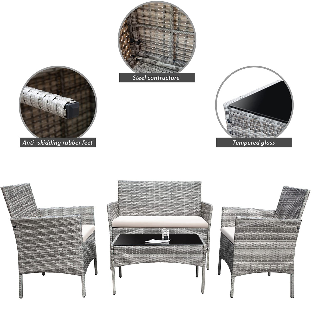 4 Pieces Outdoor Patio Furniture Sets Rattan Chair Wicker Set, Outdoor Indoor Use Backyard Porch Garden Poolside