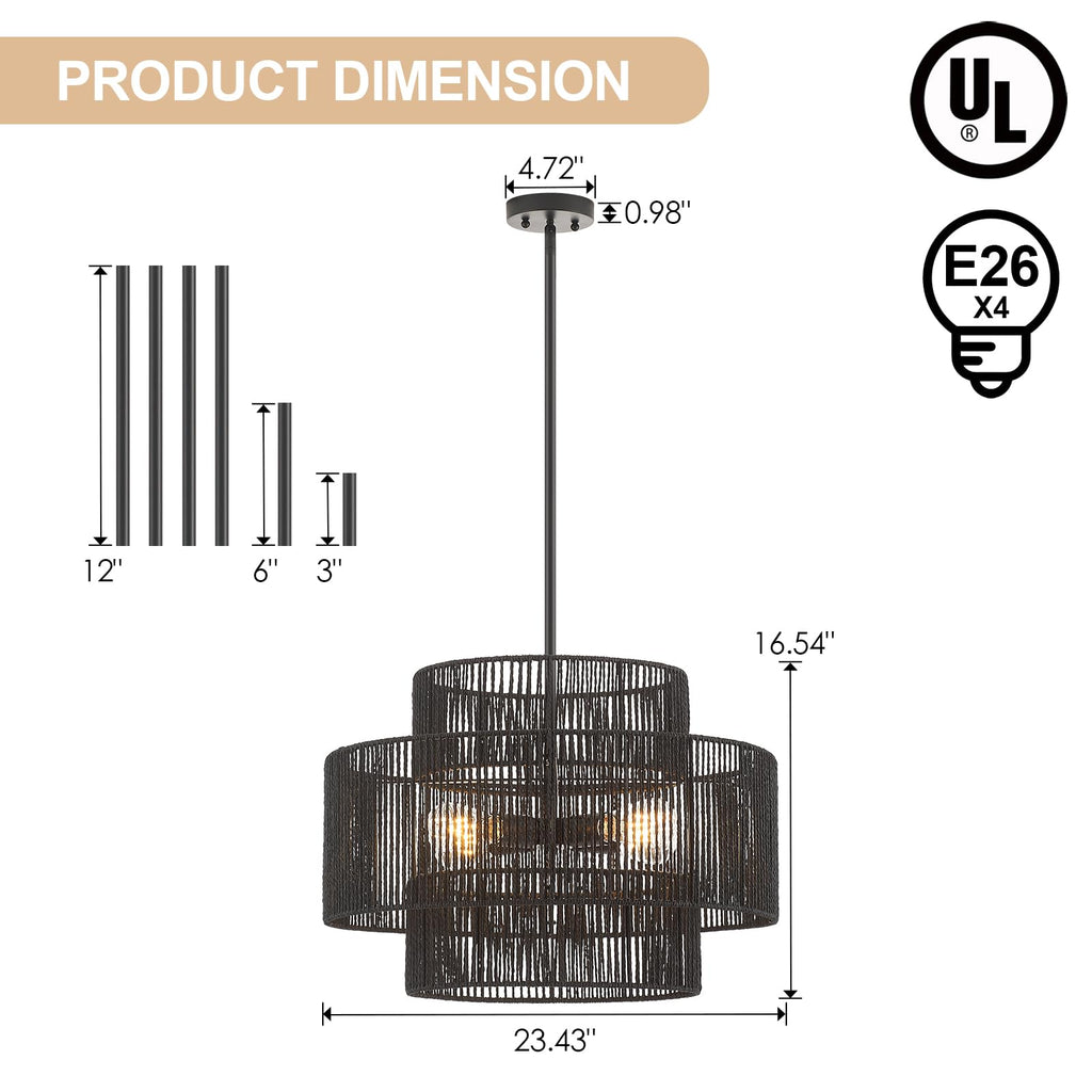 24" Boho Hand Woven Rattan Chandelier 3 Round Adjustable 4-Light Large Pendant Light Island Dining Room Living Room