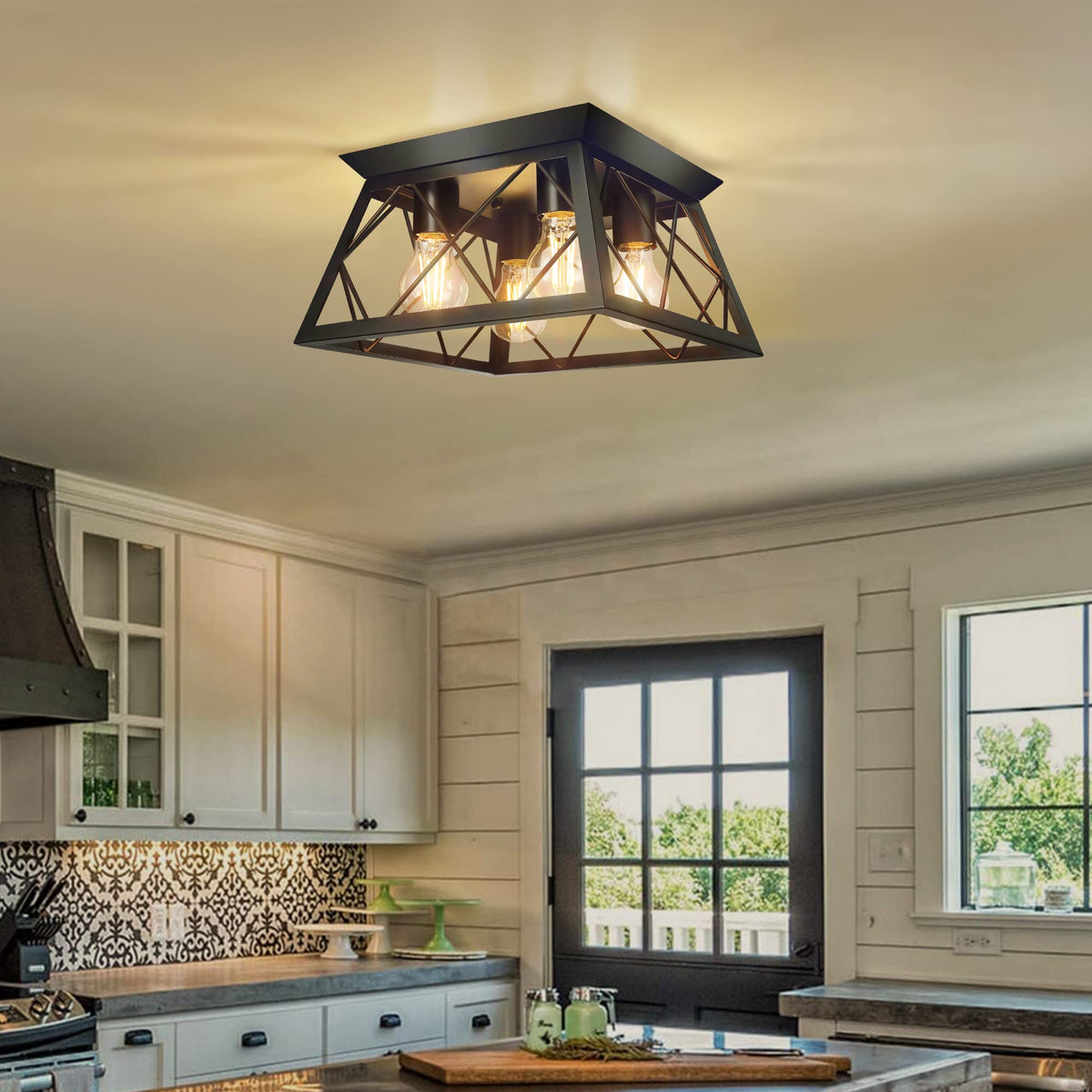 4-Light Black Flush Mount Ceiling Light Hallway, Industrial Close to Ceiling Lighting, Farmhouse Square Cage Lamp