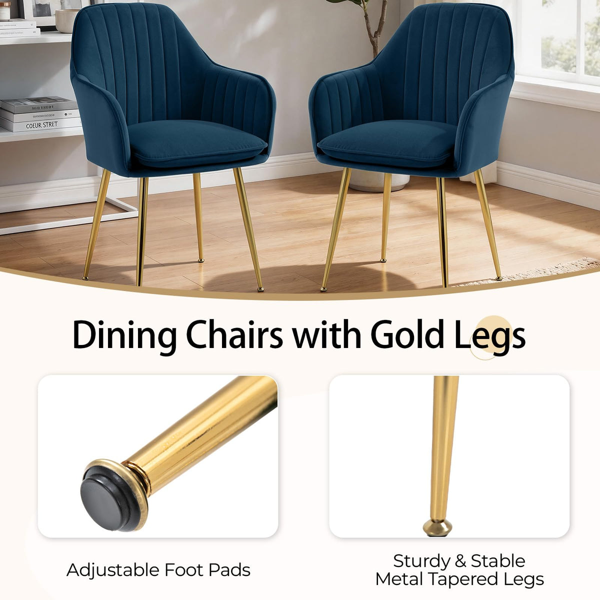 Modern Living Dining Room Accent Arm Chairs Set of 4, Velvet Mid-Century Upholstered Seat Club Guest with Golden