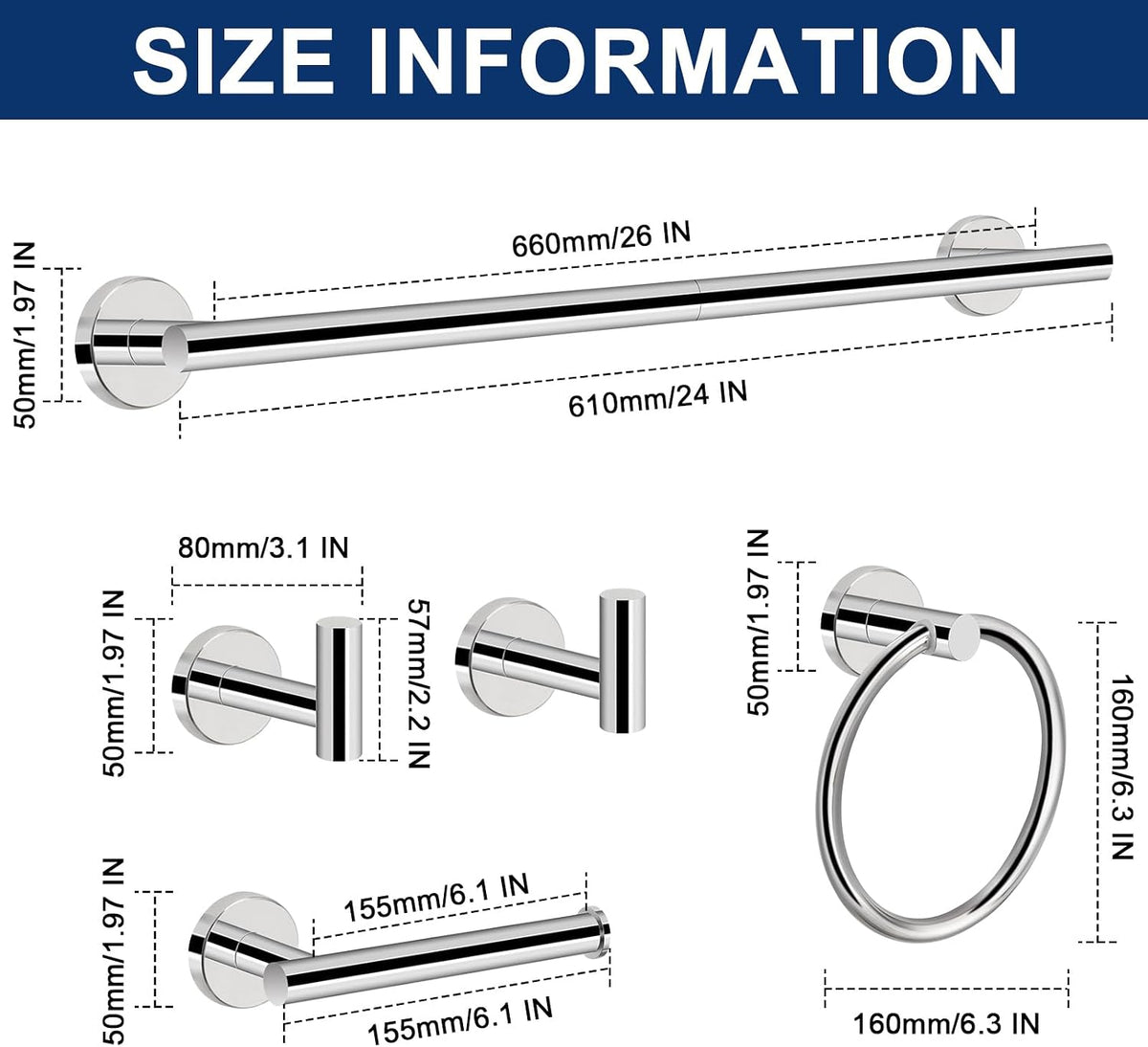 5 Pieces Bathroom Hardware Set SUS304 Thicken Stainless Steel-Towel Rack Kit Include 24" Towel Rod + Bath Towel Ring