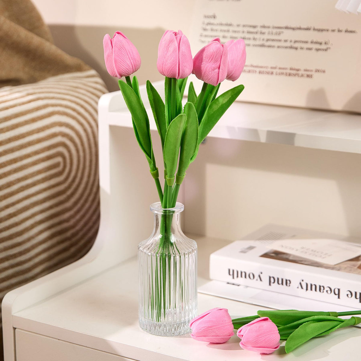 30 Pcs Pink Tulips Artificial Flowers Fake Tulips Fake Tulip Flowers Real Touch 13" Silk Flower for Bulk Home Kitchen
