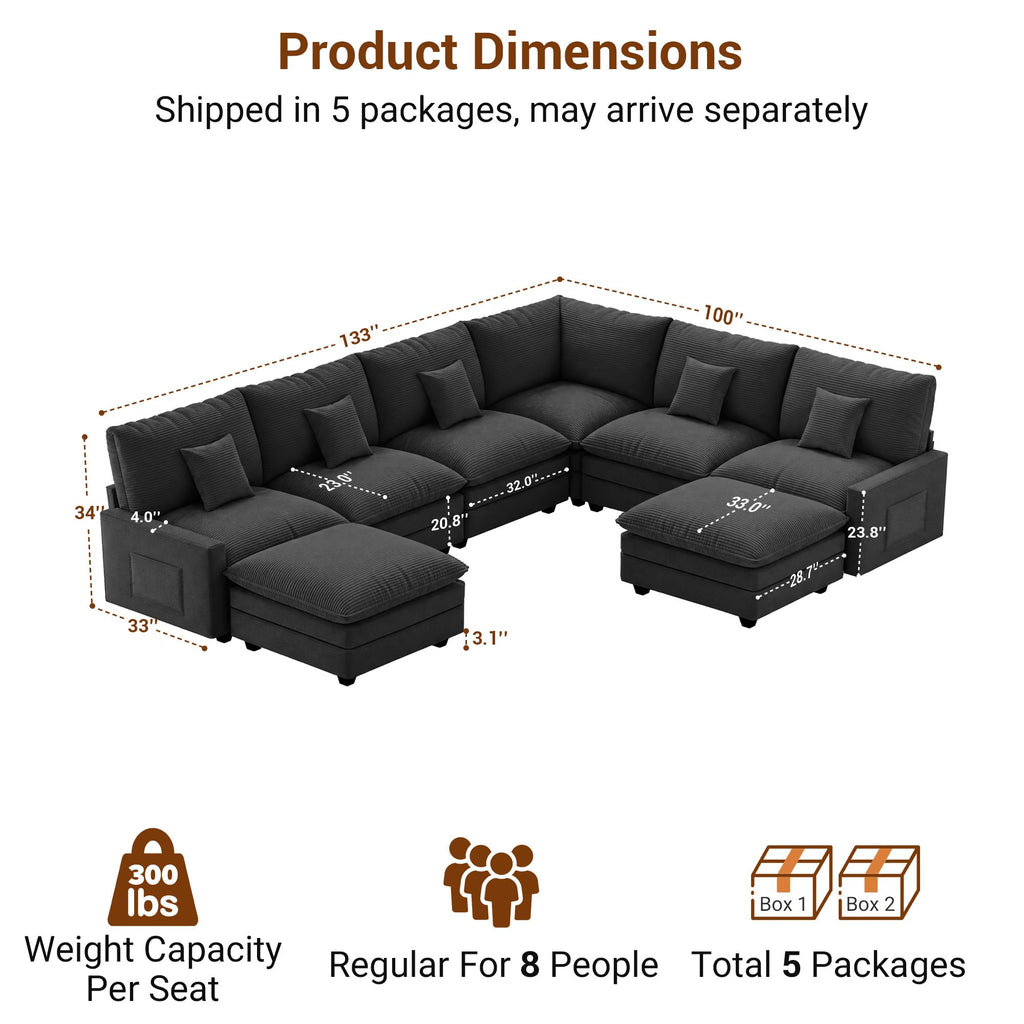133" Modular Sectional Sofa, L-Shaped Cloud Couch with Ottoman, Black