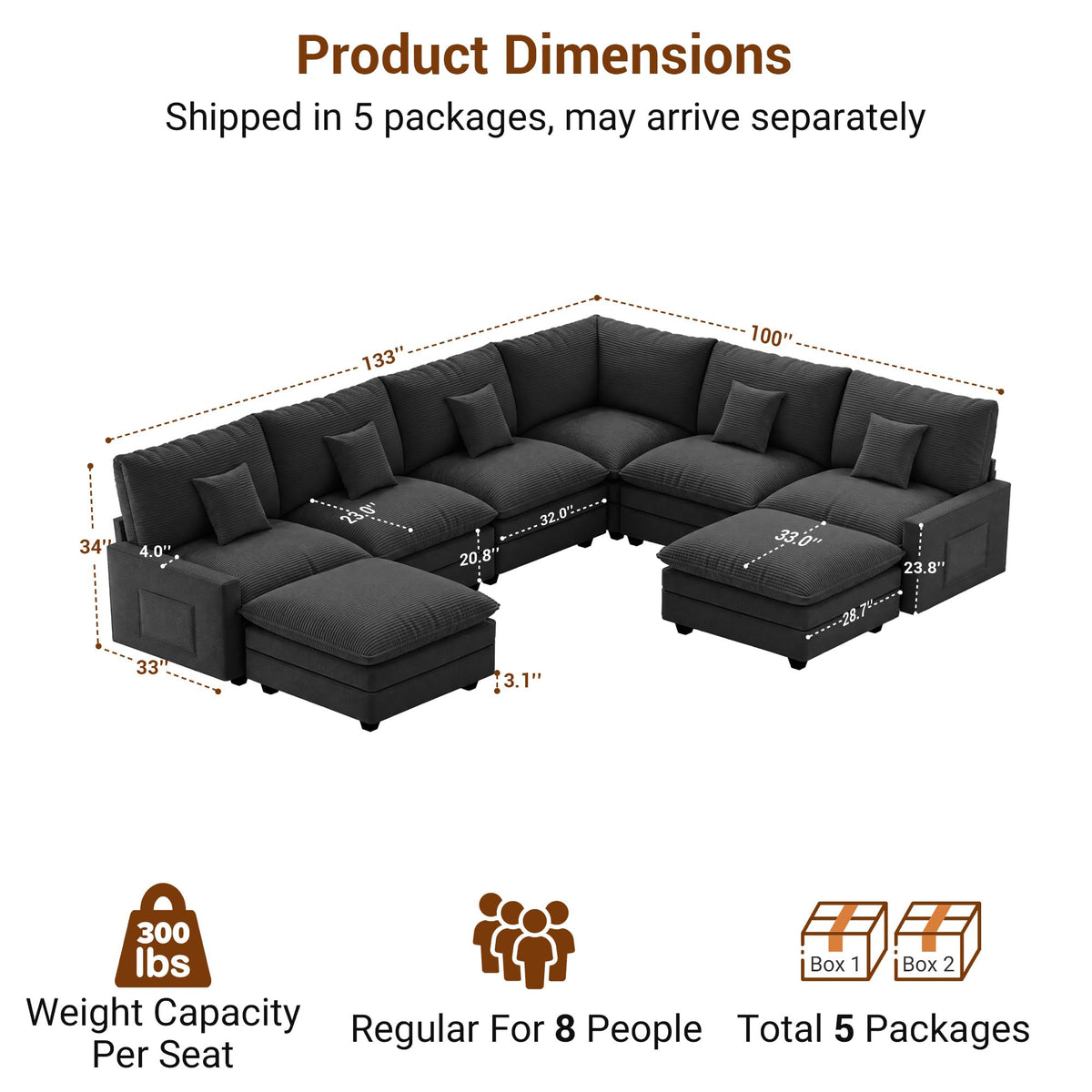 133" Modular Sectional Sofa, L-Shaped Cloud Couch with Ottoman, Black