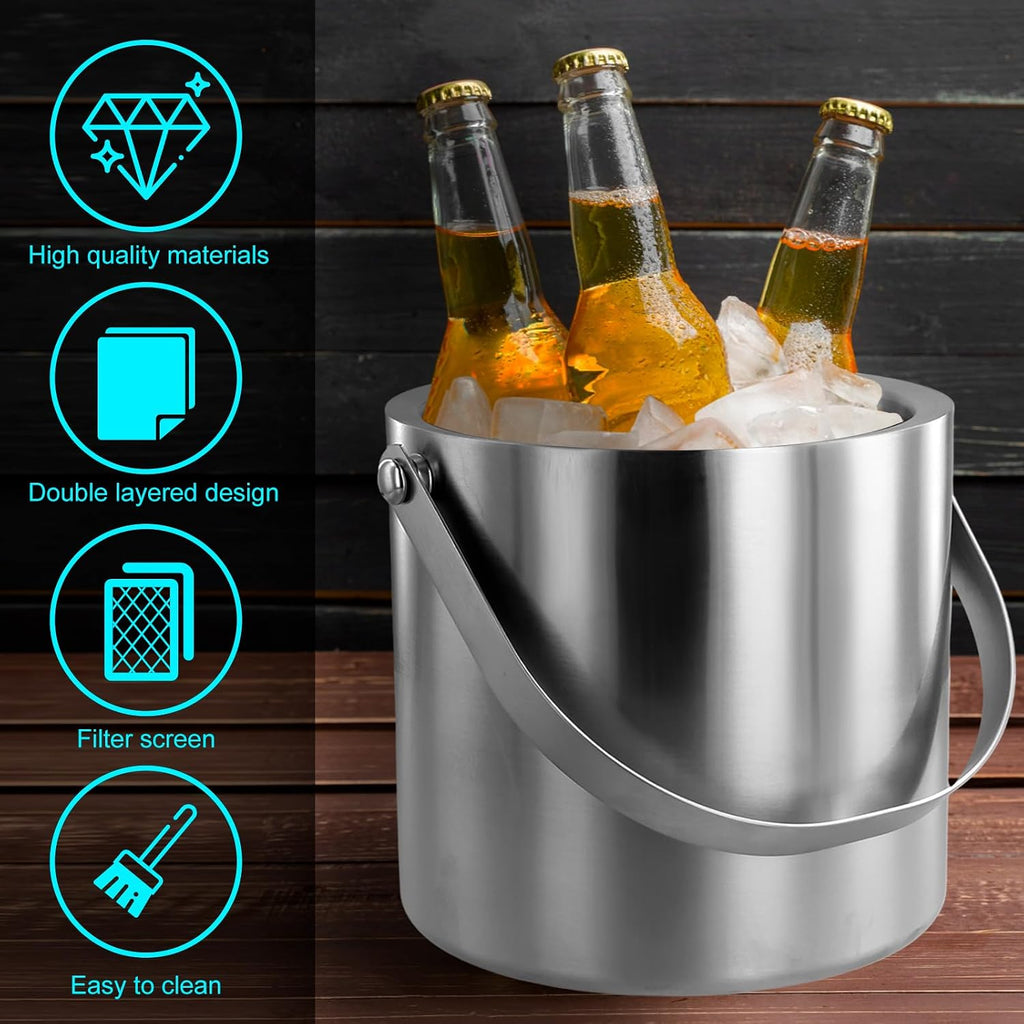 Ice Bucket with Lid Strainer Tong,2QT Double Walled Stainless Steel Insulated Ice Bucket Container,Good Sealing Ice