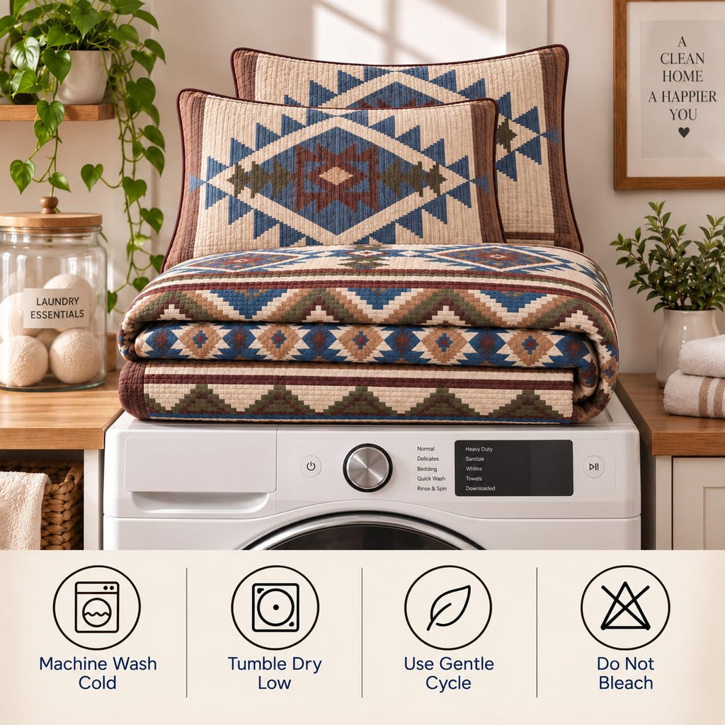 Rustic Western Southwestern Native American Tribal Navajo Design Oversized Bedspread Quilt Set in Beige Taupe Brown