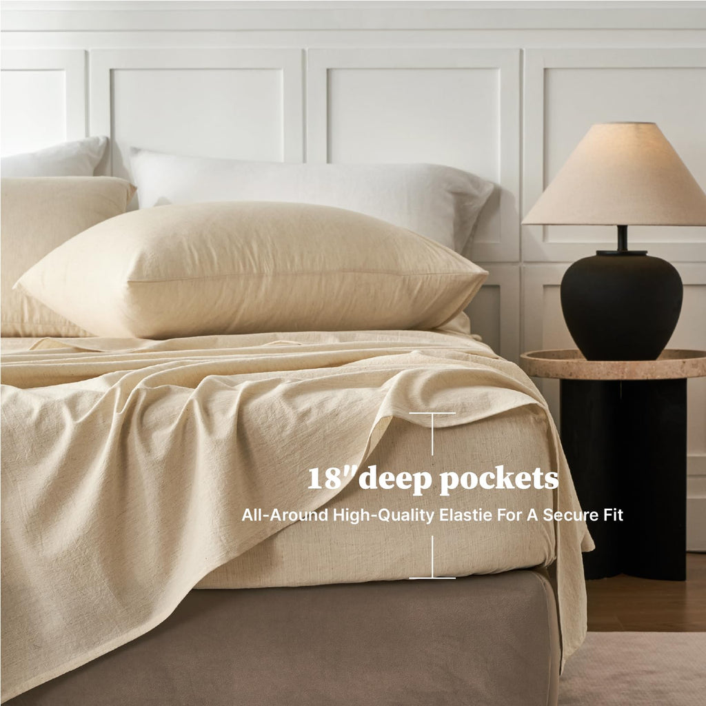 Sheets, Cotton Linen Bed Sheets, Breathable, Durable Bed Sets 18" Deep Pocket(Natural Linen)