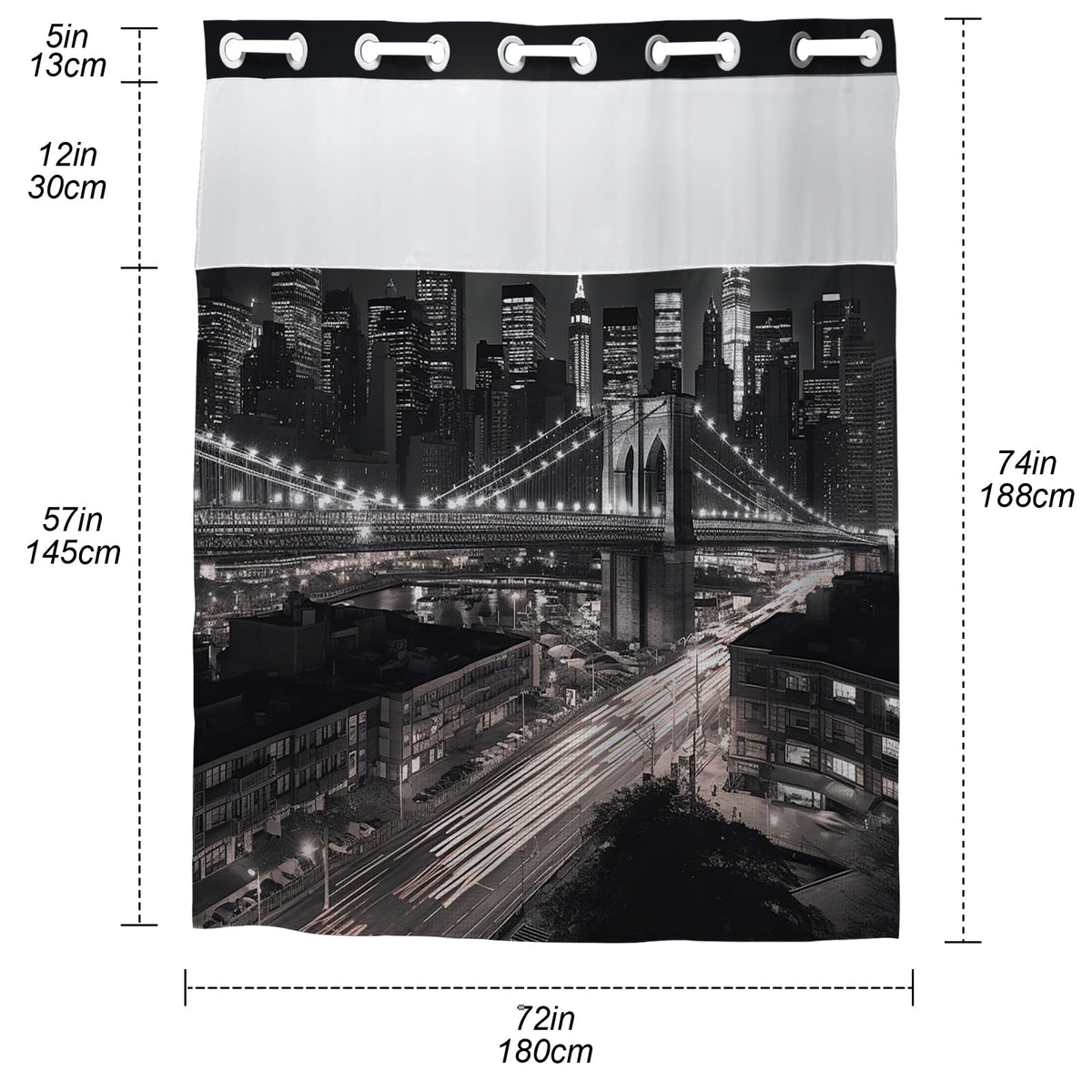 Farbic New York City Waffle Weave Shower Curtain Black Set No Hook Required Hotel Style with Snap in Liner Double