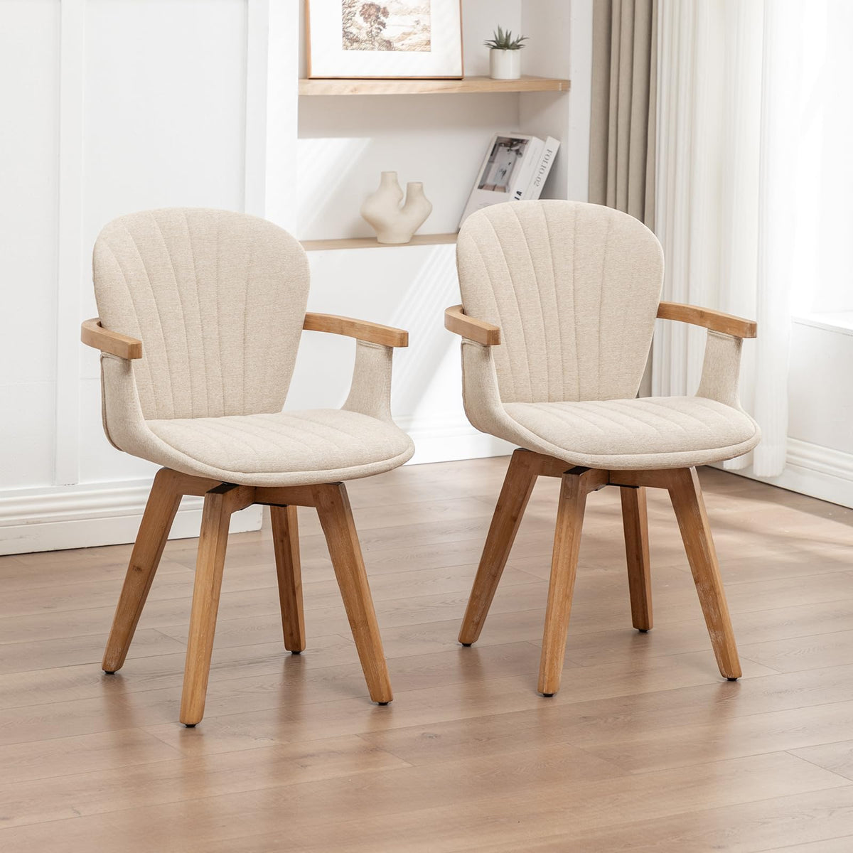 Swivel Dining Chairs Set of 2 with Arms Mid Century Modern Beige Charcoal Linen Look Fabric Kitchen Chairs, Bamboo