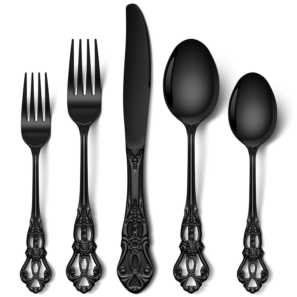 30 Pcs Black Silverware Set, Gorgeous Retro Royal Silverware Set for 6, Stainless Steel Mirror Flatware Cutlery Set