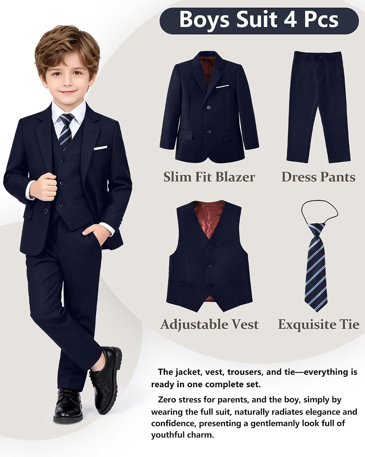 Boys Suit 4 Pieces Slim Fit Set Suits Kids Formal Wedding Tuxedo Outfit