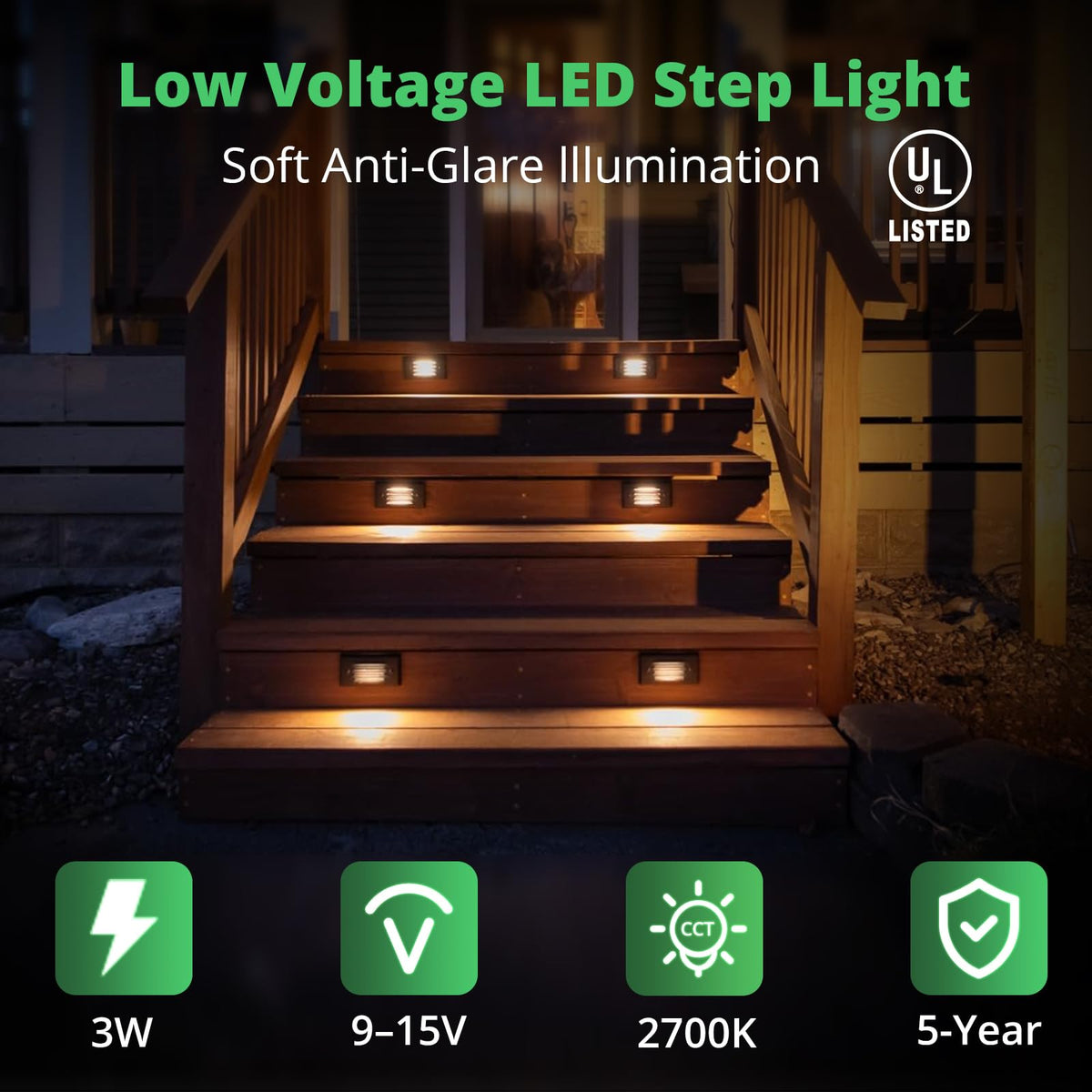 12V 3W Surface Mount Low Voltage LED Step Light with Horizontal Louvered Faceplate for Steps Decks Pathway Yard