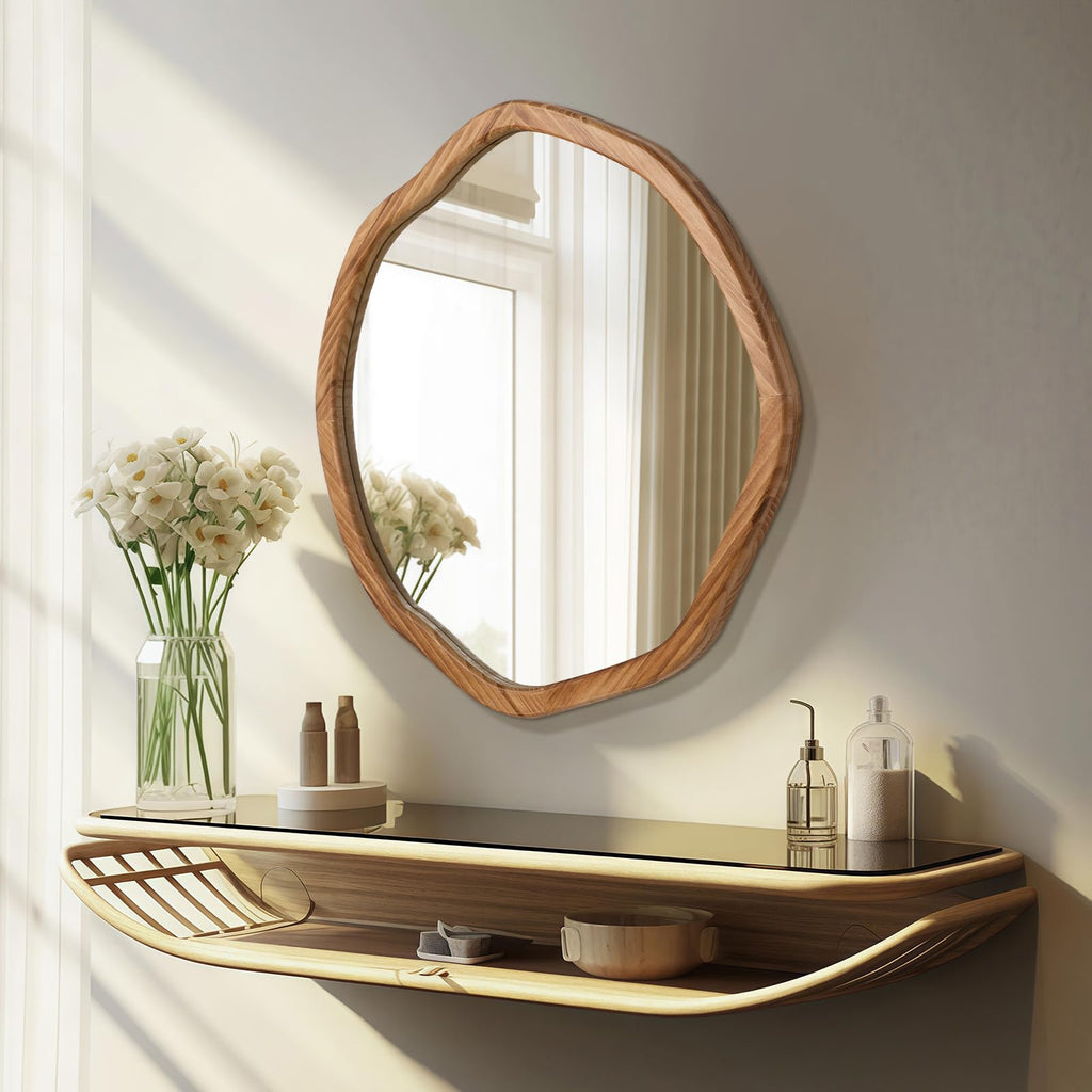 Irregular Round Wood Mirror 24 Inch, Rustic Brown Wall Mirror