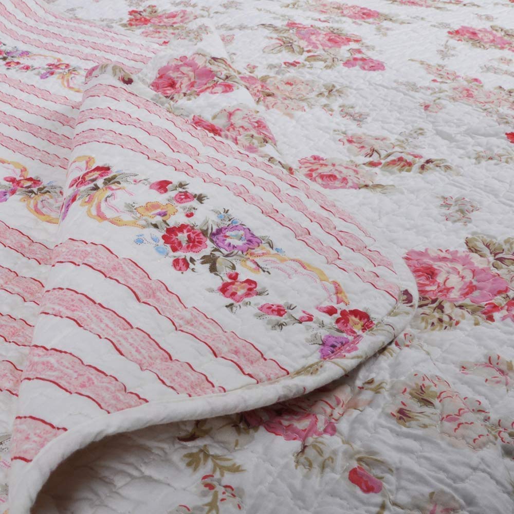 Josephine Spring Peony Pink Ivory Floral Shabby Chic Reversible 100% Cotton Quilted Throw Blanket 60" x 50" Machine