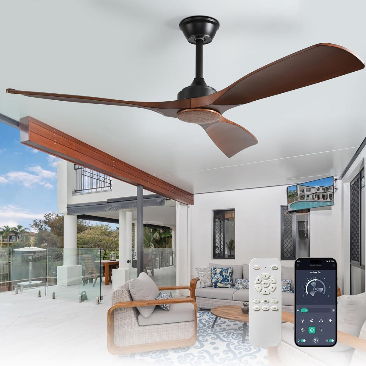52" Walnut Indoor/Outdoor Ceiling Fan with Remote, No Light