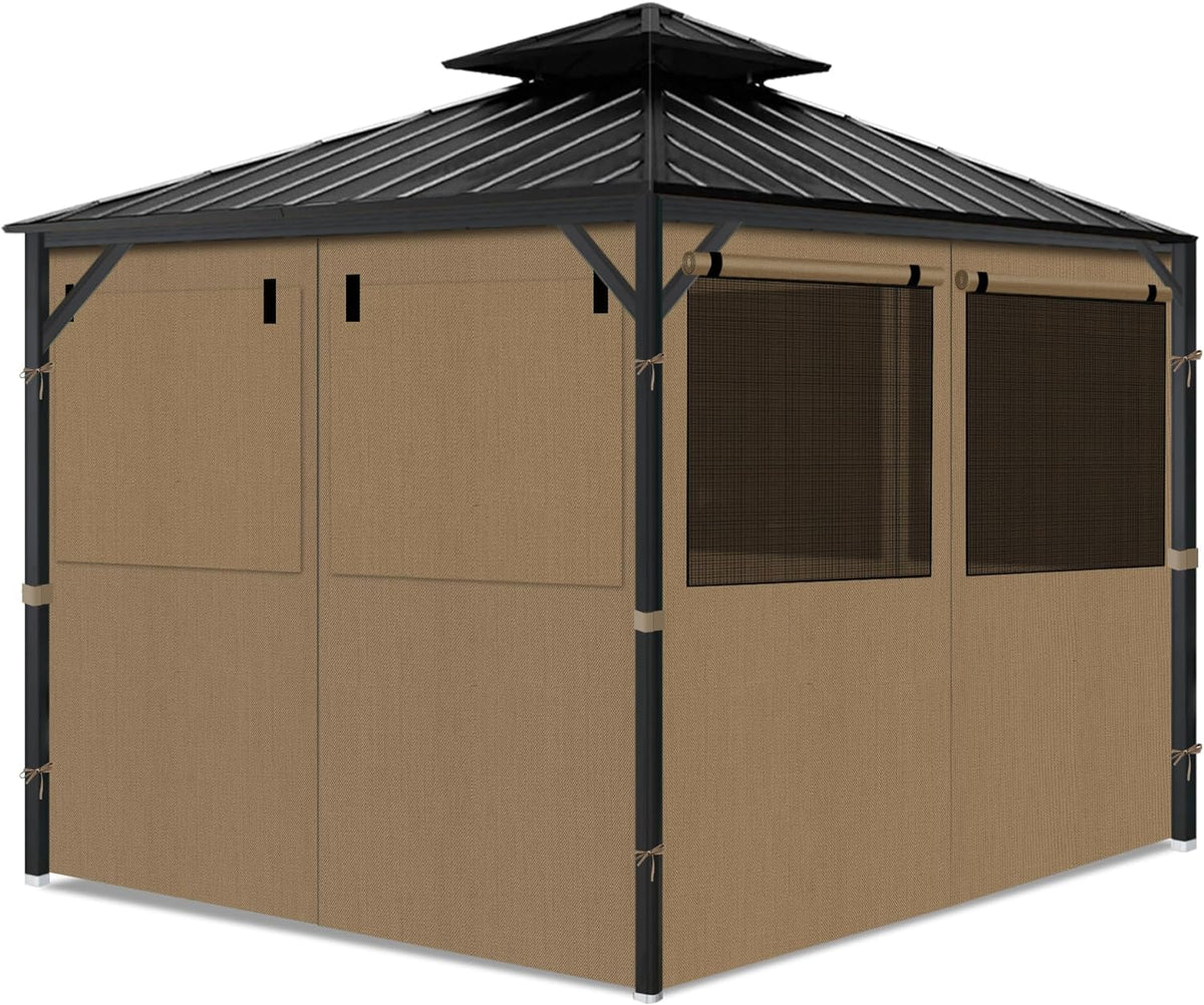 10 x 12 Ft Gazebo Privacy Curtains with Mesh Windows, 4 Panels, Khaki