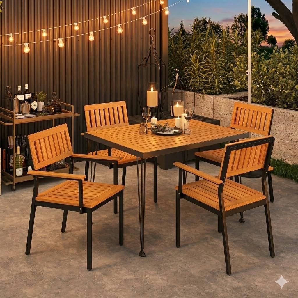 Patio Dining Chair Set of 2, Outdoor Acacia Wood Chairs with Metal Frame, All-Weather Bistro Chairs, for Indoor Lawn