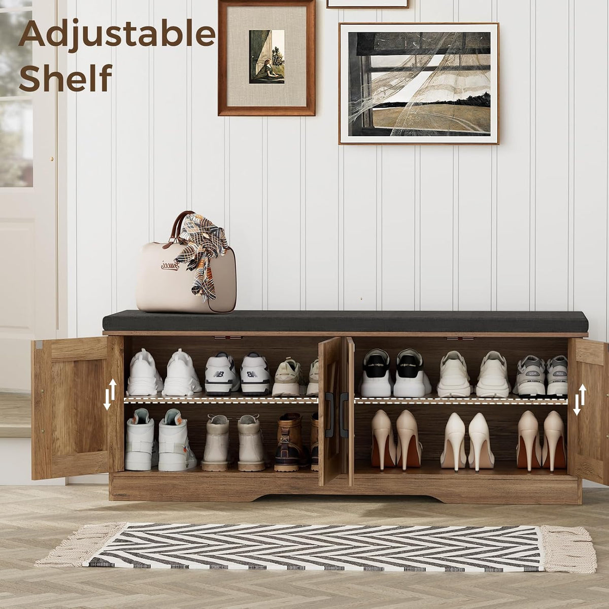 Farmhouse Shoe Storage Bench with 4 Barn Doors & Padded Seat Cushion | 47.2" Wide Entryway Bench with Adjustable