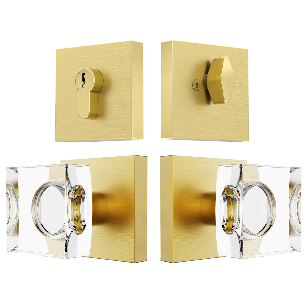 Crystal Glass Door Knob with Deadbolt, Brushed Gold Front Door Knob and Deadbolt Set, Satin Brass Exterior Door