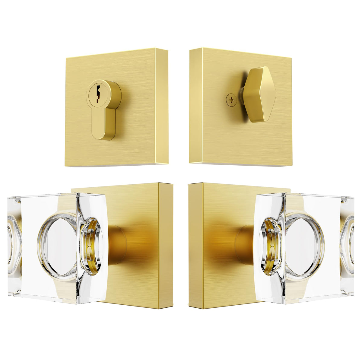Crystal Glass Door Knob with Deadbolt, Brushed Gold Front Door Knob and Deadbolt Set, Satin Brass Exterior Door