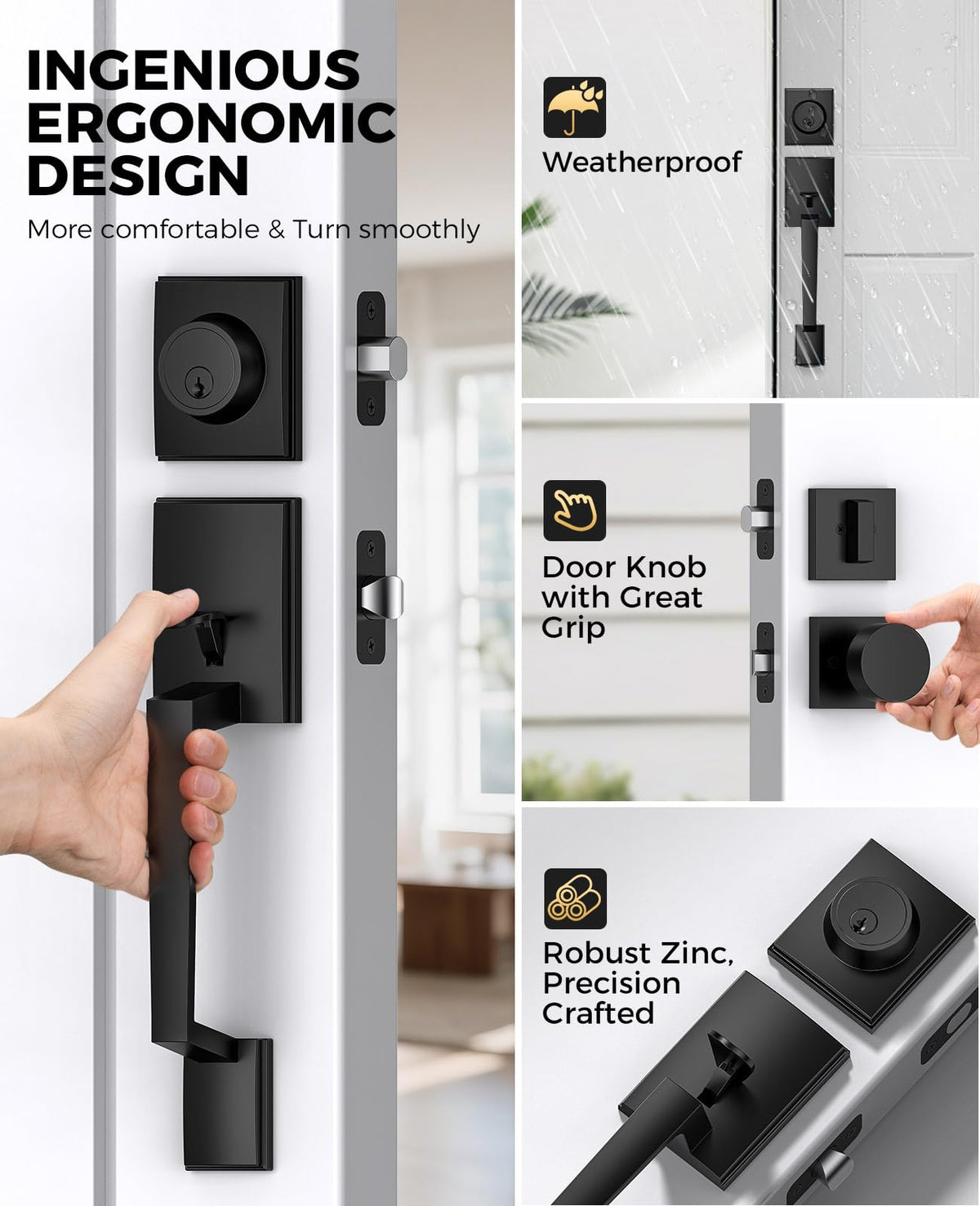 Black Front Door Handle and Deadbolt Set with Modern Exterior Knob