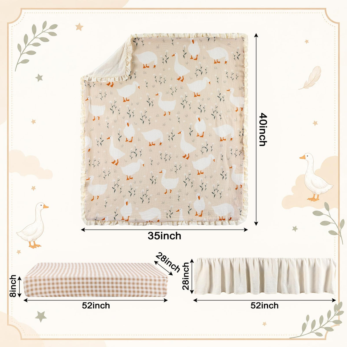 Goose Crib Bedding Set of3 with Sheet Quilt Bed Skirt