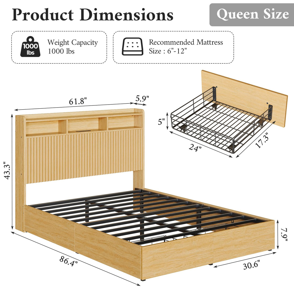 Queen Bed Frame with Headboard and Storage Drawers, Queen Size Platform Bed Frame with LED Lights and Charging