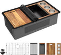 30" x 19" Undermount Matte Black Workstation Kitchen Sink | 16 Gauge T304 Stainless Steel Single Bowl Sink with