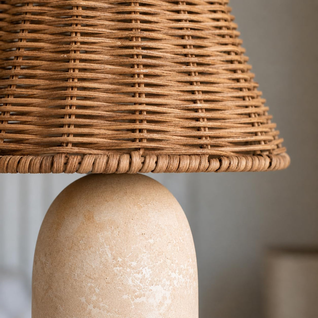 14" Small Mini Wicker Table Lamp - Handmade Ceramic Base with Rattan Shade, Dimmable Nightstand or Accent Light for
