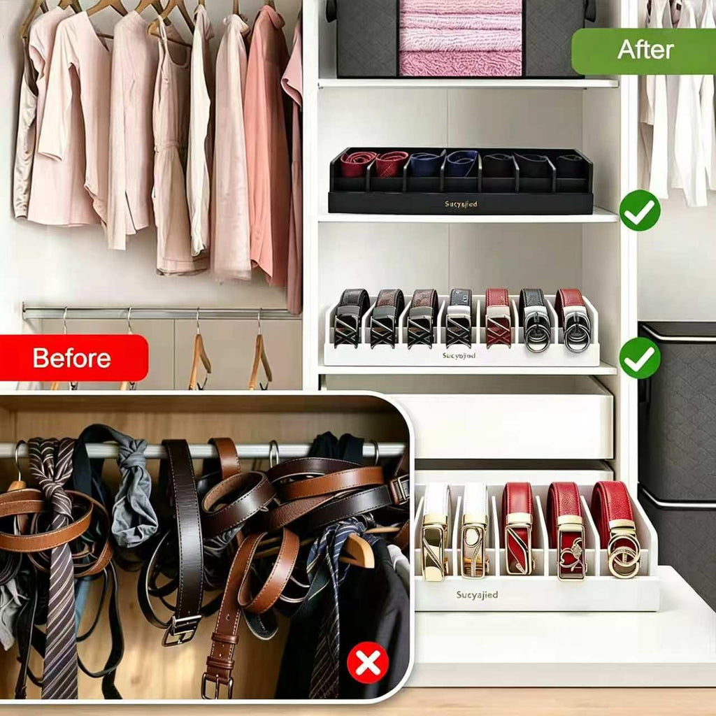 Belt Organizer, 7 Compartments Belt Organizer for Closet and Drawer, Bamboo Tie and Belt Storage Case, Belt Holder