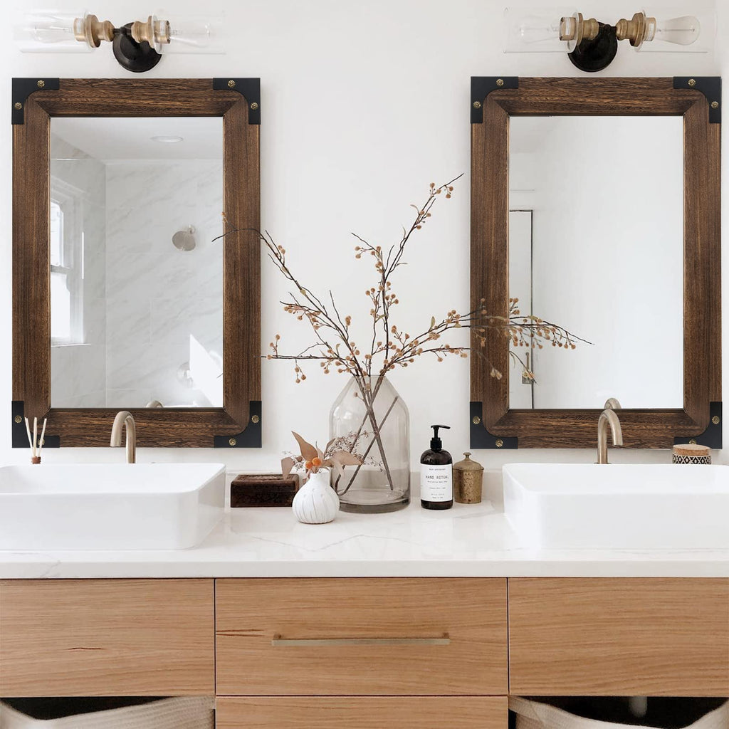 Rustic Rectangle Bathroom Mirror 20x28 Inch Wood & Iron, Iron