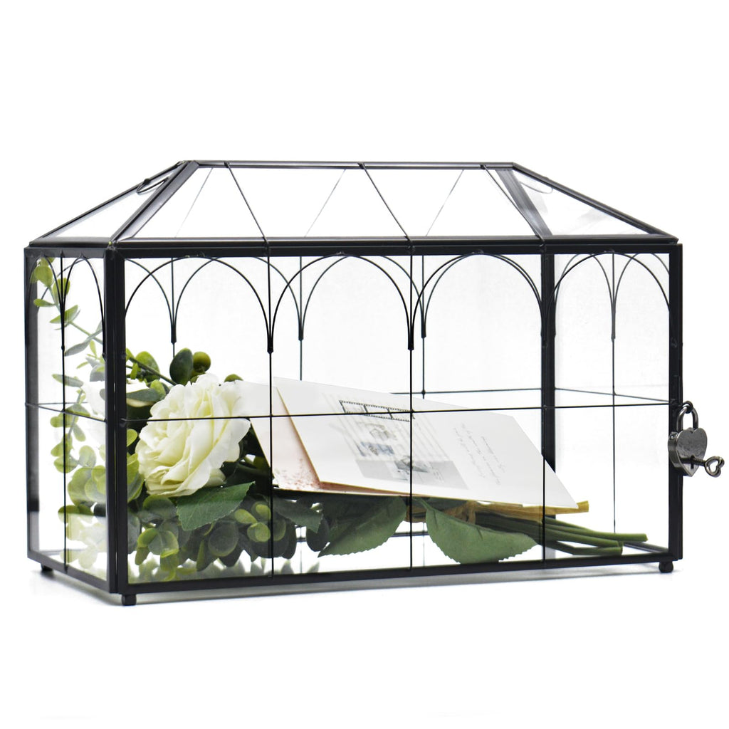LargeBlack and Glass Card Box for wedding with Lock and Slot - Wedding Envelope Card Holder for Reception Clear Lock