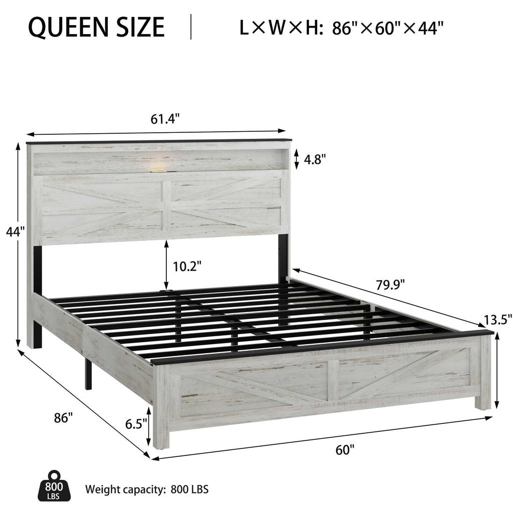Wood Bed Frame with Storage Headboard, Farmhouse Platform Bed Frame with Charging