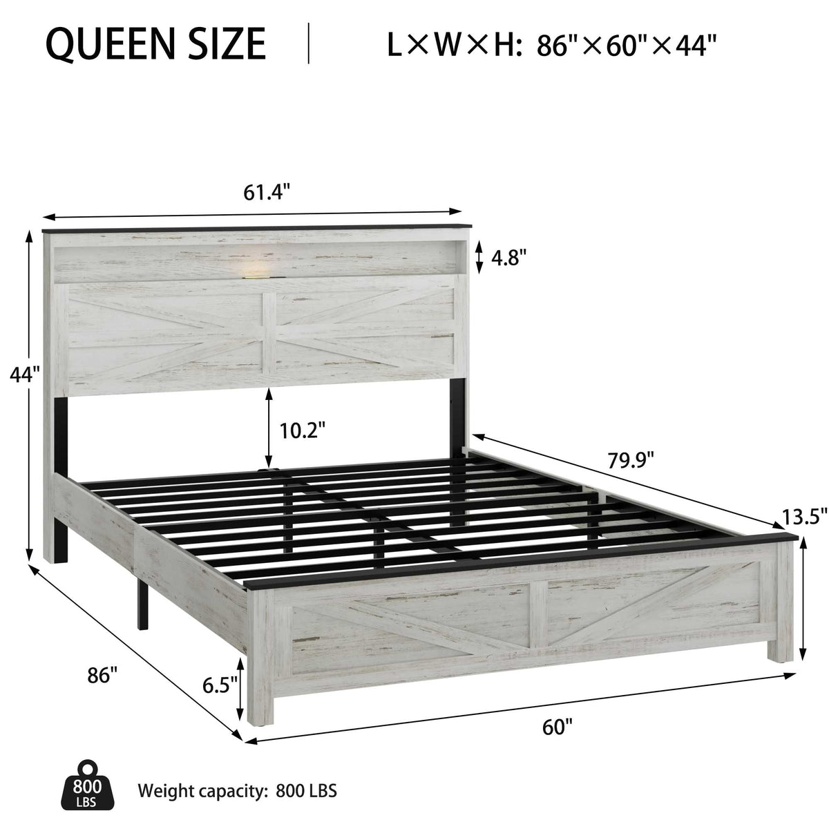 Wood Bed Frame with Storage Headboard, Farmhouse Platform Bed Frame with Charging