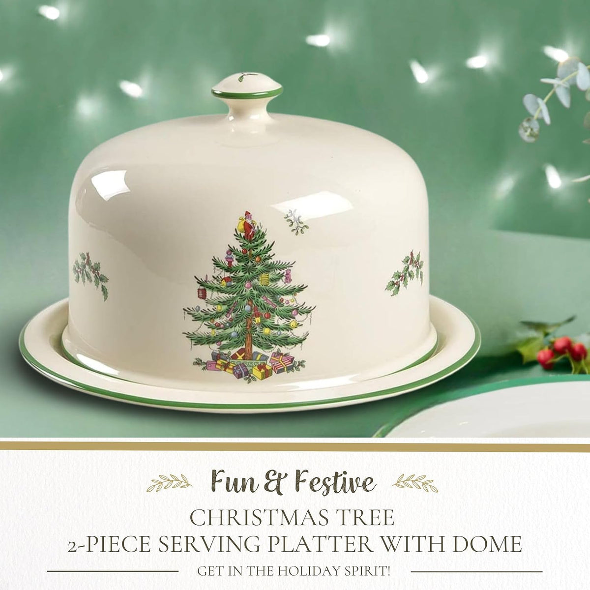 Christmas Tree 2 Piece Serving Platter with Dome Set - Ceramic Holiday Serving Tray for Cakes, Desserts, Side Dishes
