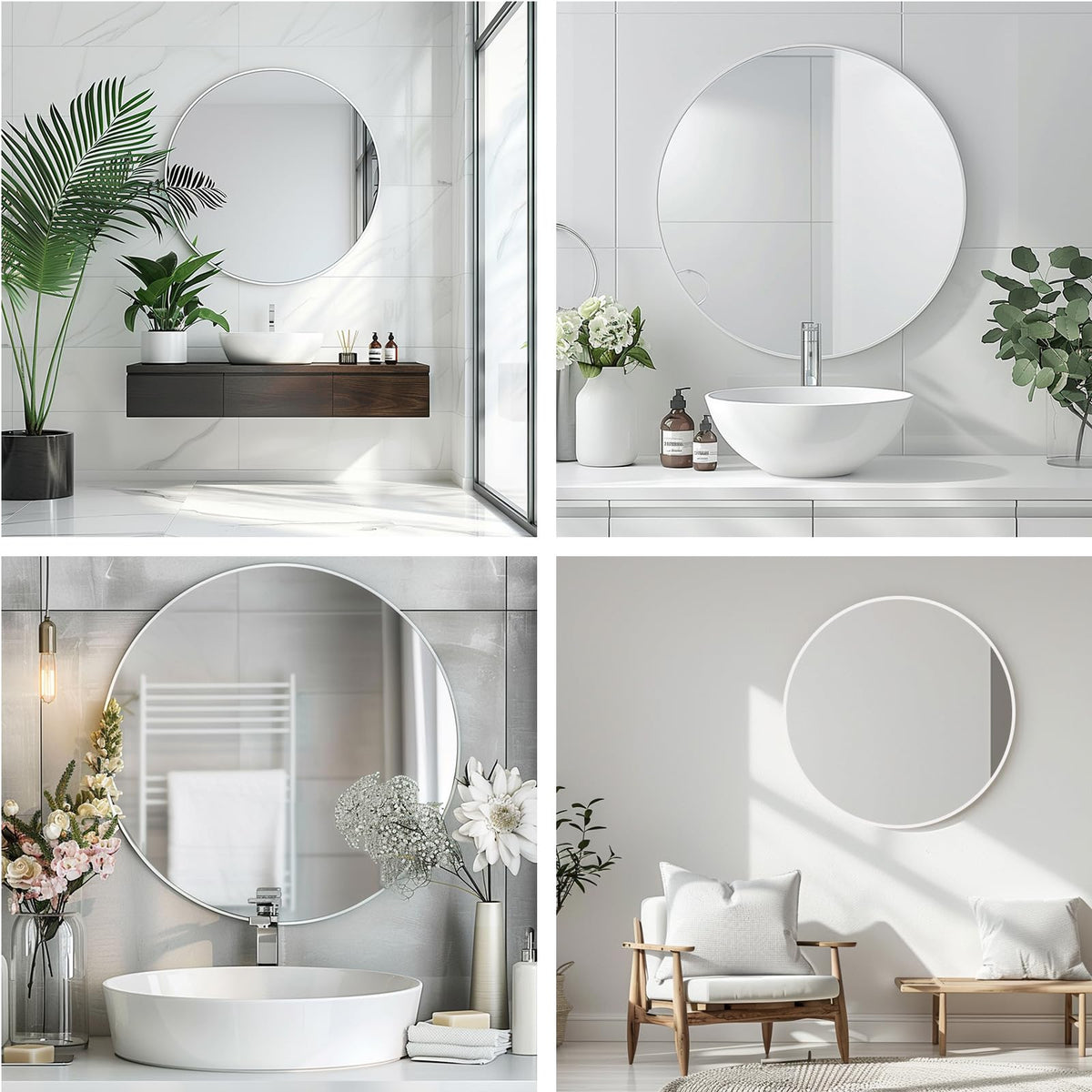 Round Bathroom Mirror, Circle Mirror, White, 20" L x 20" W, 1 Pack