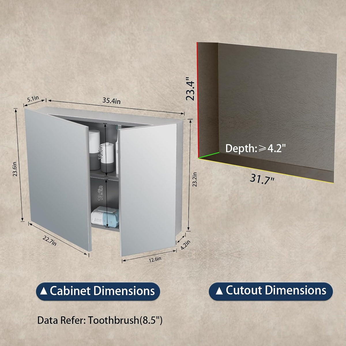 36x24 Medicine Cabinet Mirror with Storage, Pre-Assembled Medicine Cabinets , Recessed or Surface Mount Large Silver