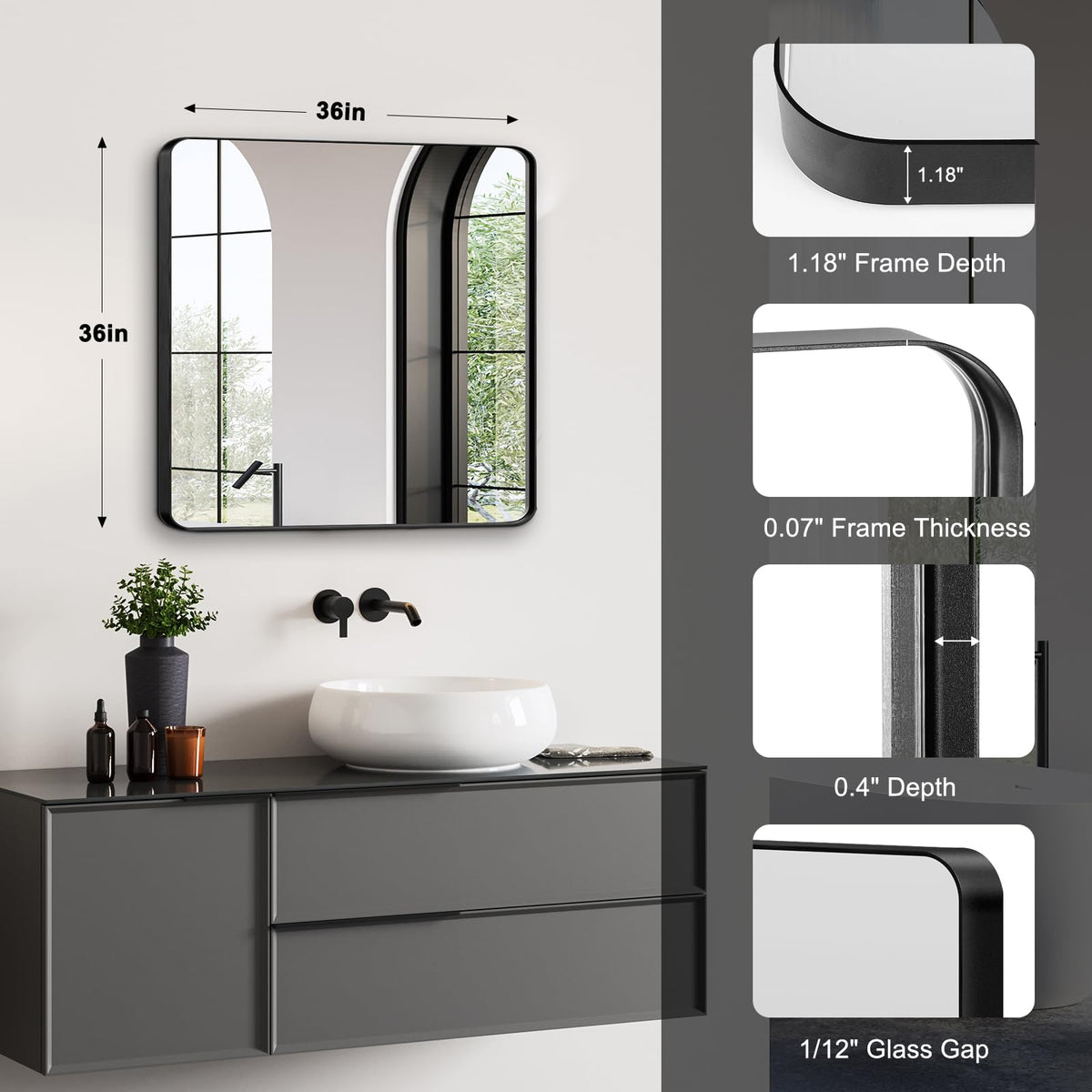 Bathroom Mirrors for Over Sink, 1Pcs 36x36Inch Vanity Mirrors for Wall, Black Metal Frame Rectangle Mirrors Farmhouse