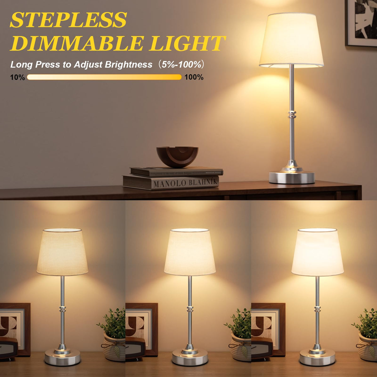 Rechargeable Cordless Table Lamp Silver - 1 Pack 4000mAh Battery Operated Lamp, 3000K Warm Light, Touch Control